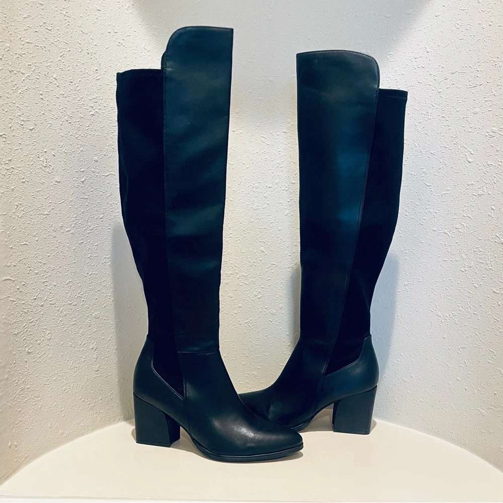 Marc Fisher Black Over the Knee Block Heel Vegan Boots Size 9 NWT